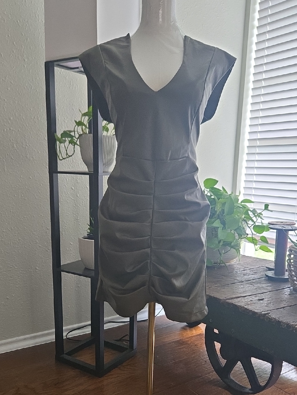 Olive V-Neck Ruched Mini Dress